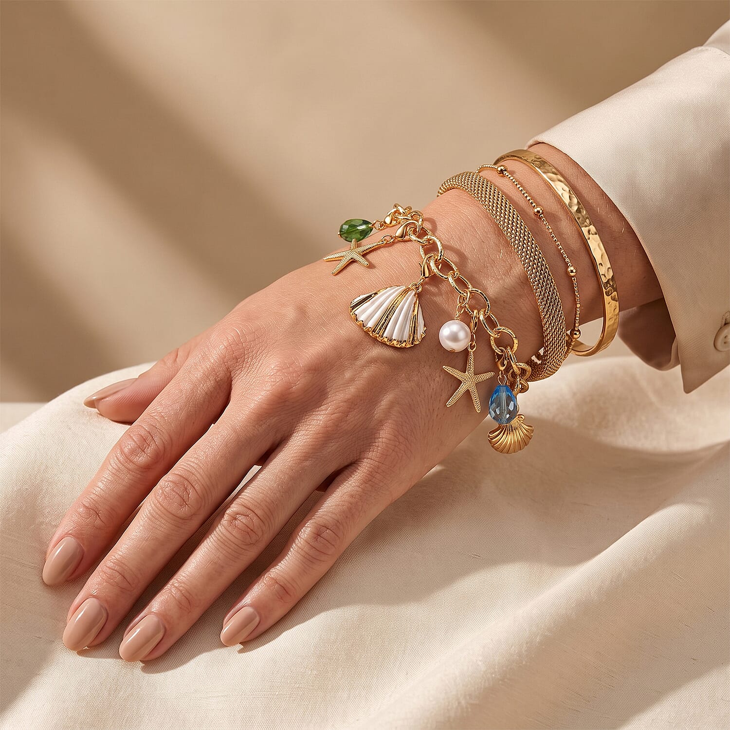 Coastal Treasures Removable Charms White Shell Pearl, Green Glass & Resin Charm Bracelet with Scallop Shell & Starfish Charms in Goldtone (7.50–9.50In)