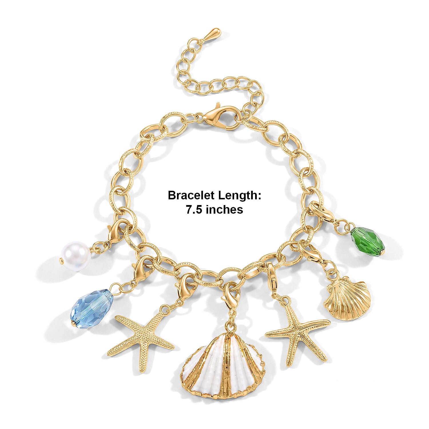 Coastal Treasures Removable Charms White Shell Pearl, Green Glass & Resin Charm Bracelet with Scallop Shell & Starfish Charms in Goldtone (7.50–9.50In)
