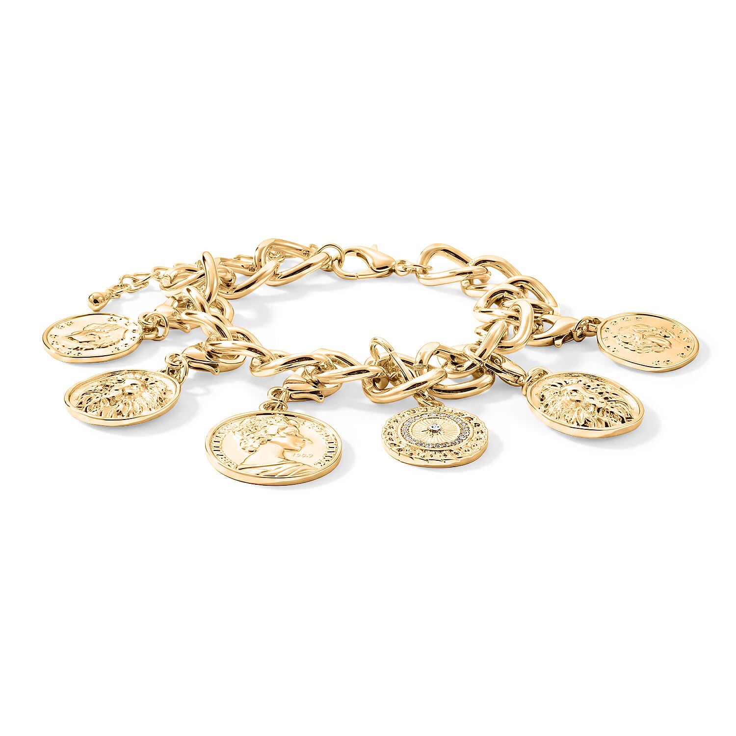 Royal Fortune Removable Coin Charms Austrian Crystal Curb Chain Bracelet with Lion & Sunburst Charms in Goldtone (7.50–9.50In)