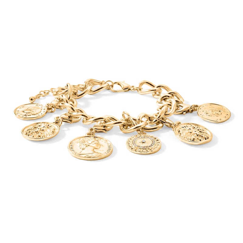 Royal Fortune Removable Coin Charms Austrian Crystal Curb Chain Bracelet with Lion & Sunburst Charms in Goldtone (7.50–9.50In)