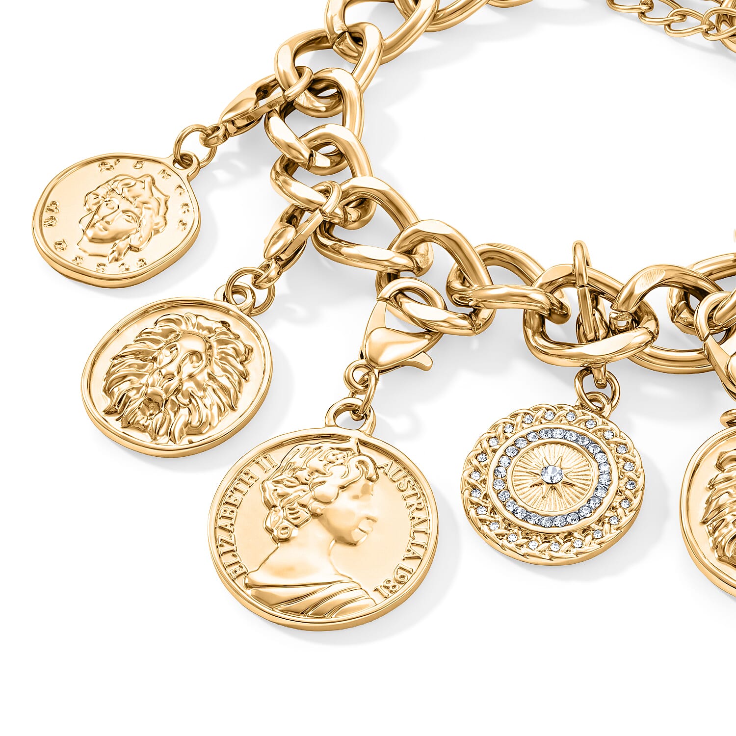 Royal Fortune Removable Coin Charms Austrian Crystal Curb Chain Bracelet with Lion & Sunburst Charms in Goldtone (7.50–9.50In)