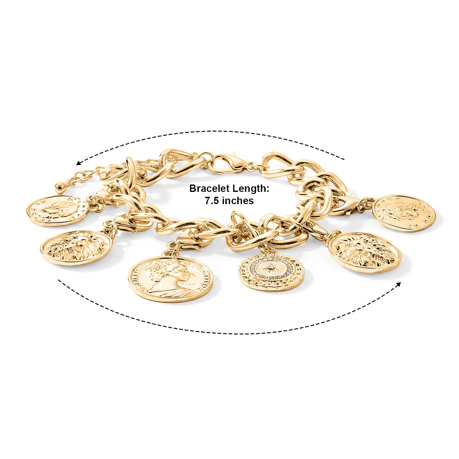 Royal Fortune Removable Coin Charms Austrian Crystal Curb Chain Bracelet with Lion & Sunburst Charms in Goldtone (7.50–9.50In)