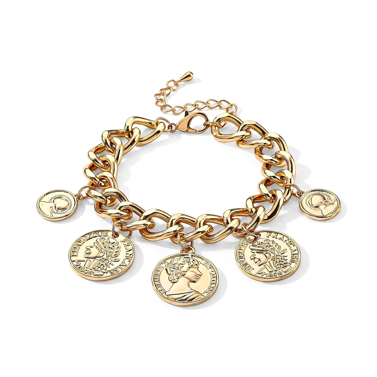 Vintage French Coin Charms Curb Chain Bracelet in Goldtone (7.50-9.50In)