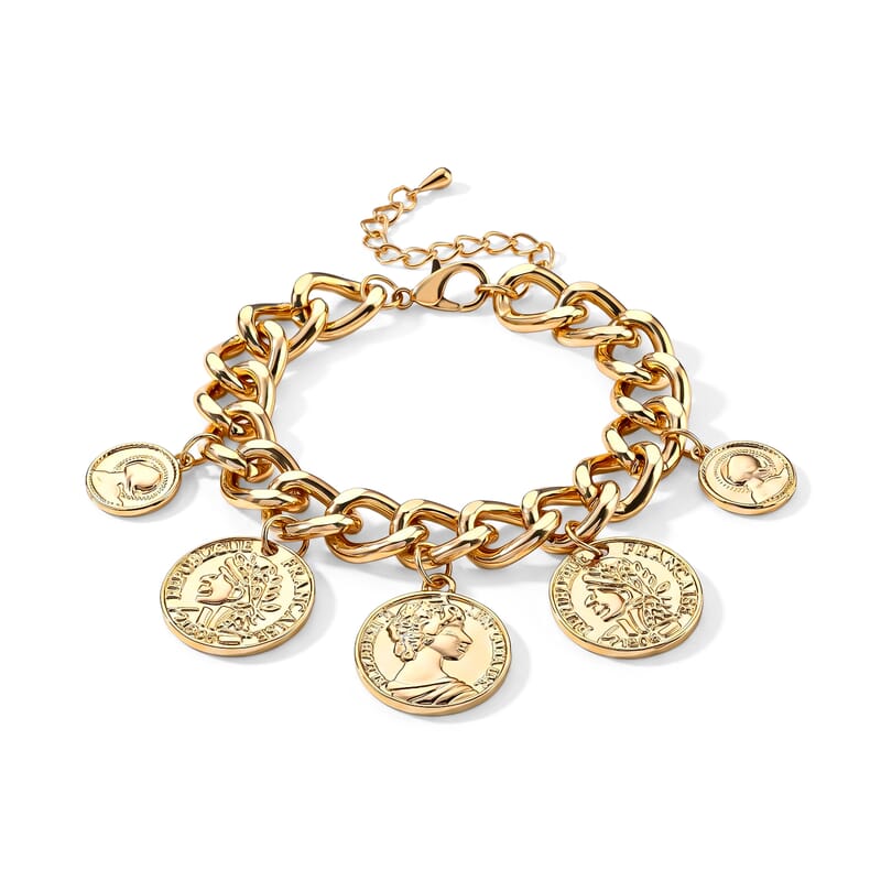 Vintage French Coin Charms Curb Chain Bracelet in Goldtone (7.50-9.50In)