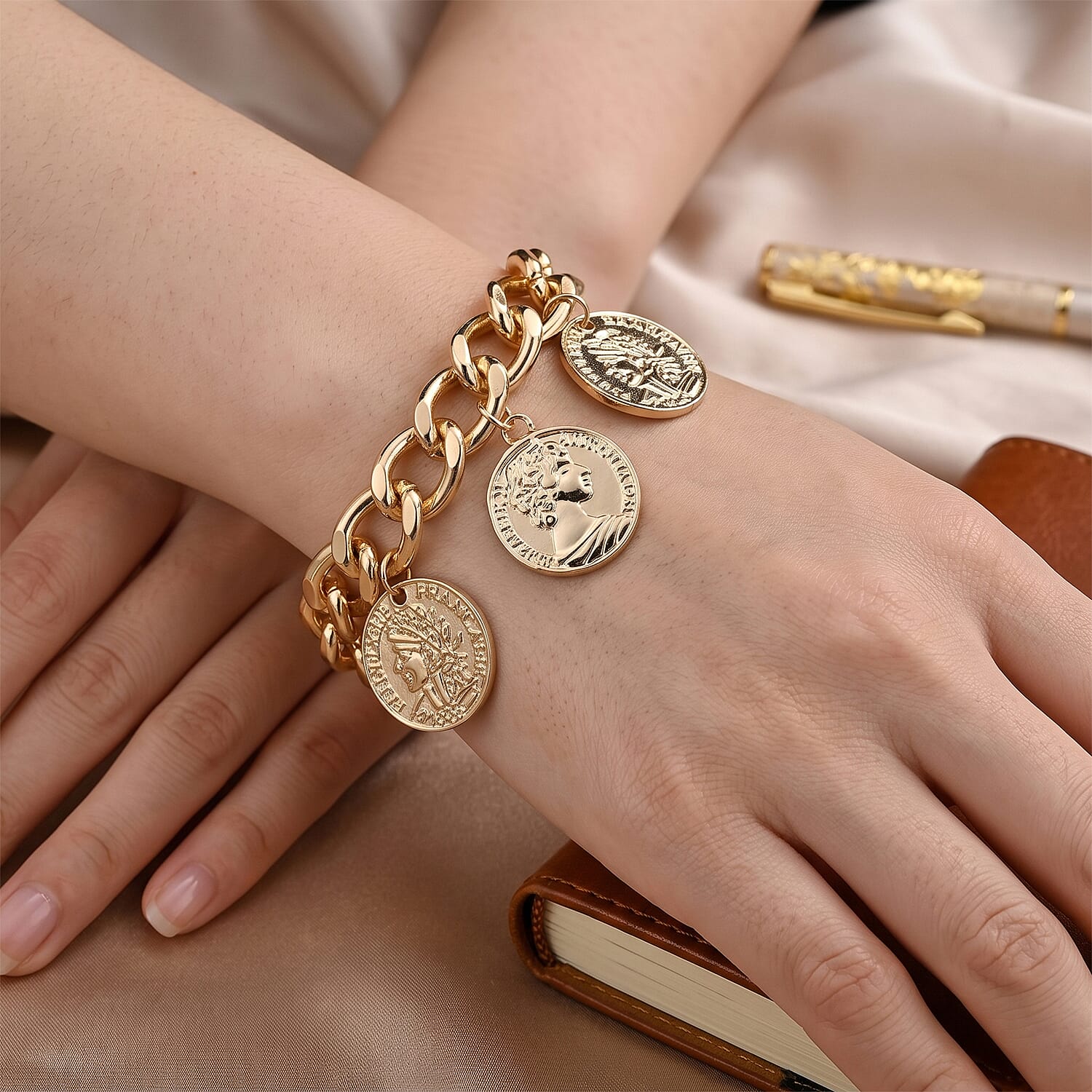 Vintage French Coin Charms Curb Chain Bracelet in Goldtone (7.50-9.50In)