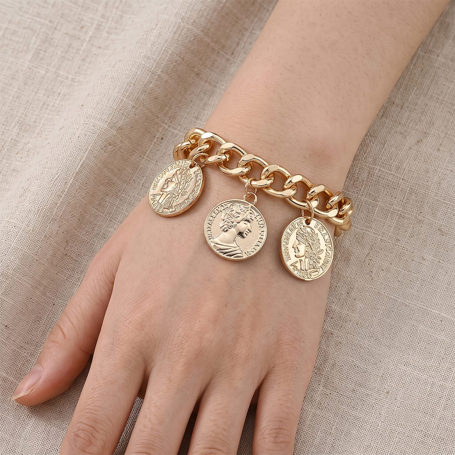 Vintage French Coin Charms Curb Chain Bracelet in Goldtone (7.50-9.50In)