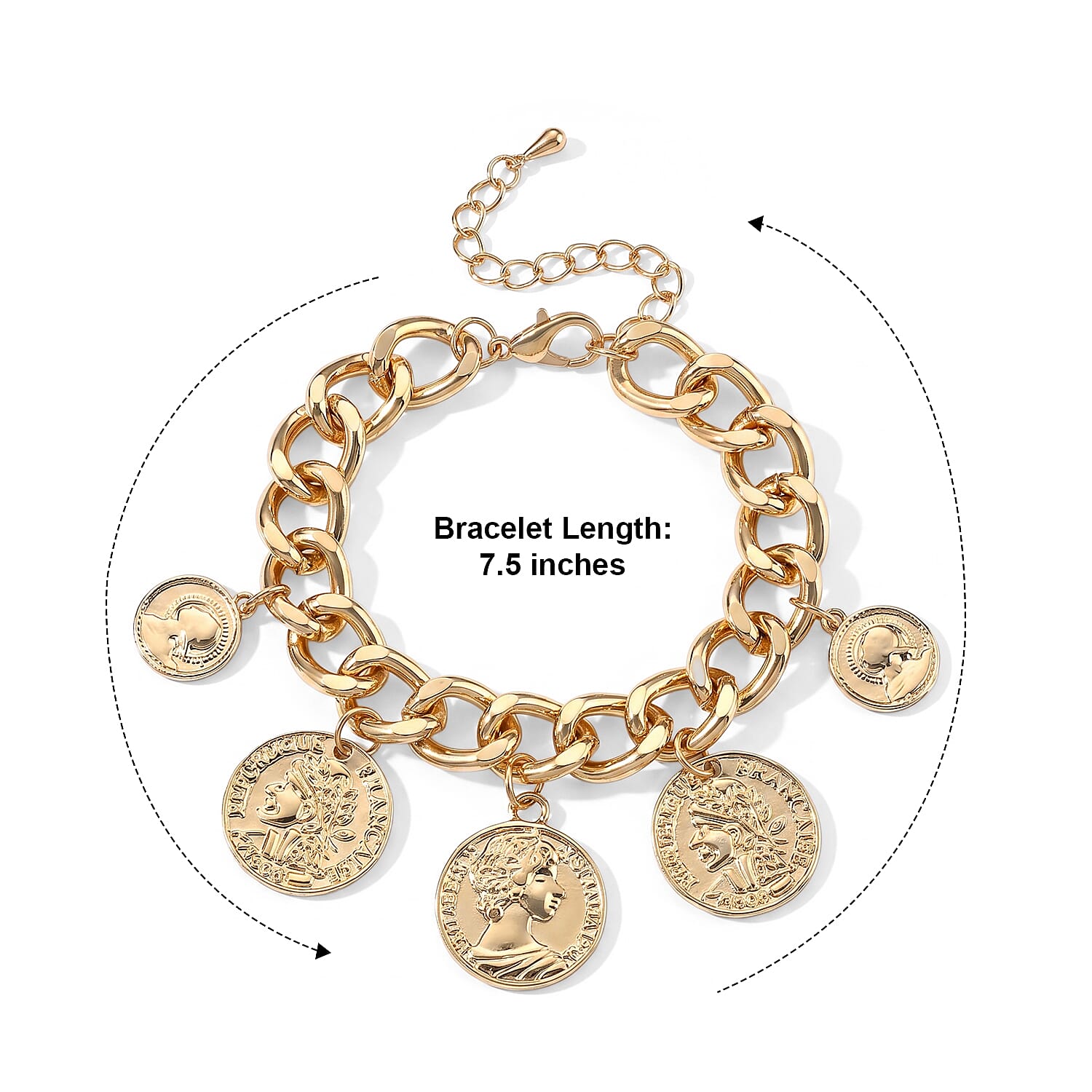 Vintage French Coin Charms Curb Chain Bracelet in Goldtone (7.50-9.50In)
