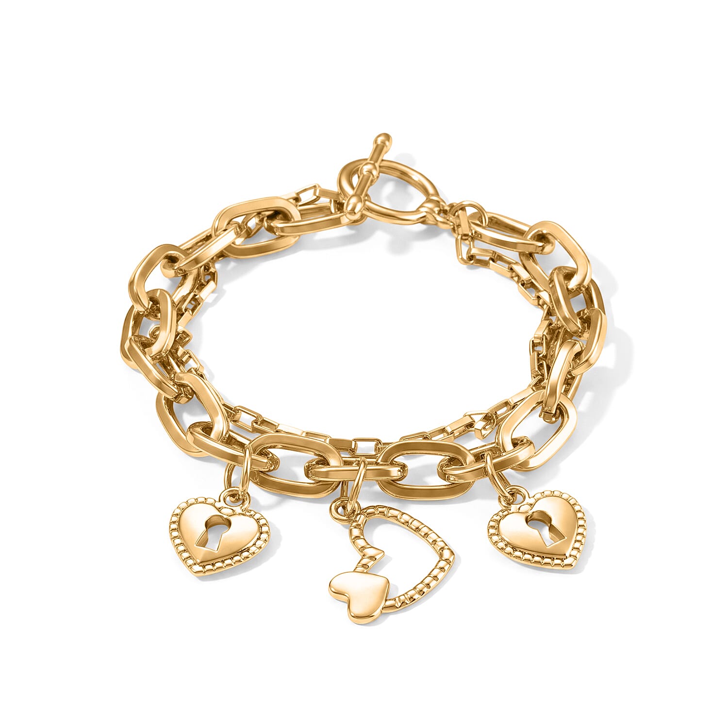 Two-Layer Bracelet with Heart Lock Charms in Goldtone (7.50-9.50In)