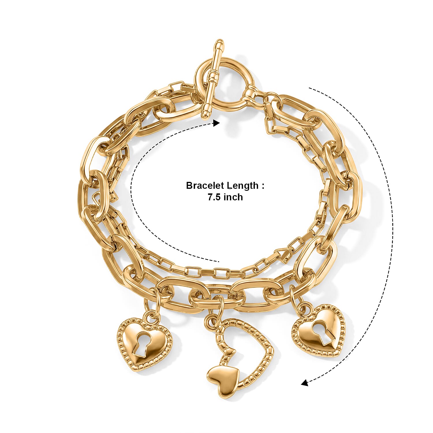 Two-Layer Bracelet with Heart Lock Charms in Goldtone (7.50-9.50In)