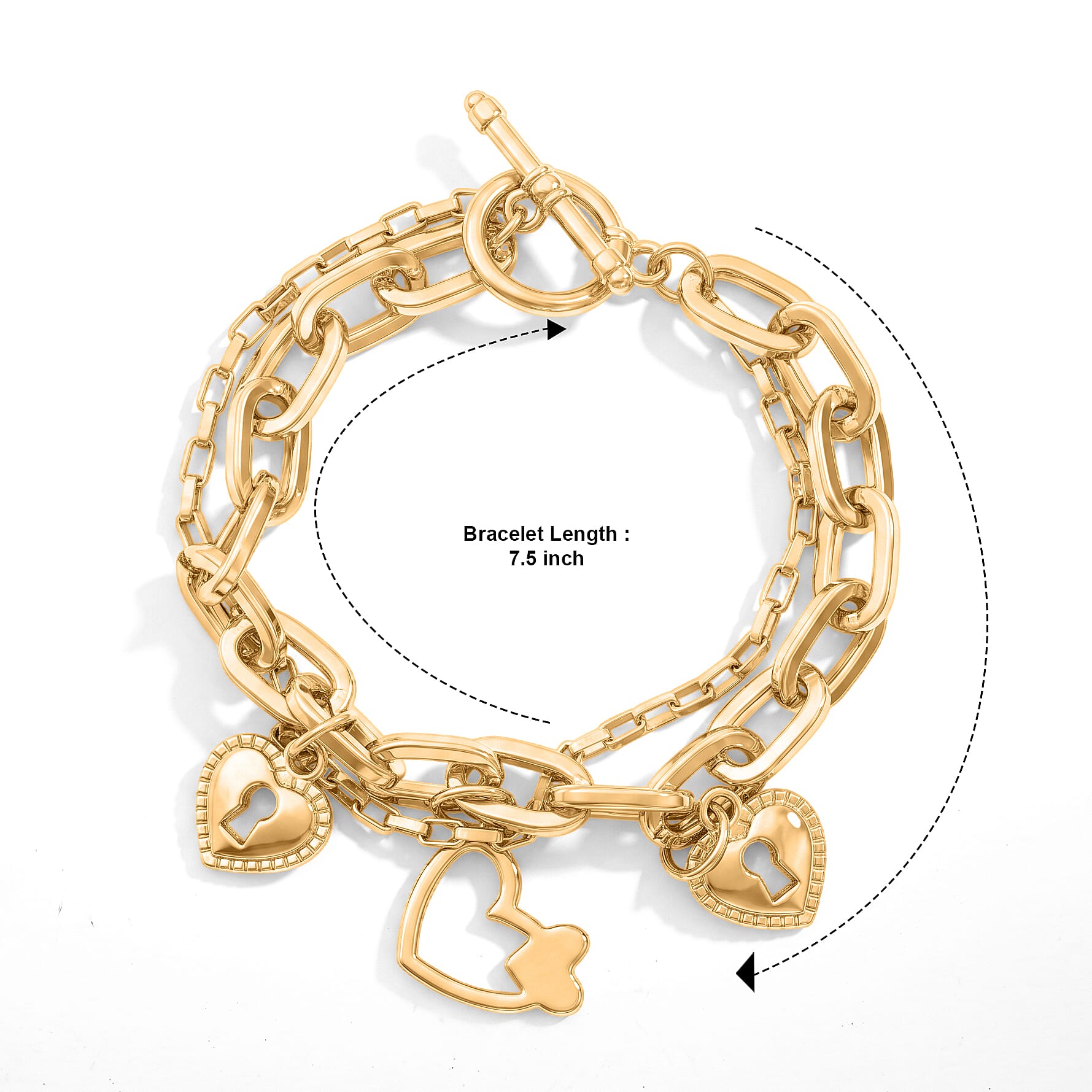 Two-Layer Bracelet with Heart Lock Charms in Goldtone (7.50-9.50In)