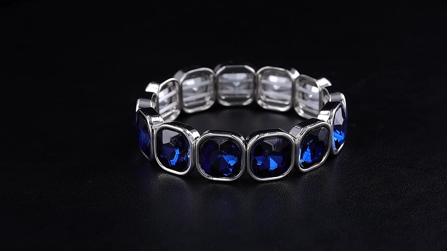 Blue Glass Stretch Bracelet in Silvertone (6.75-7.25In)