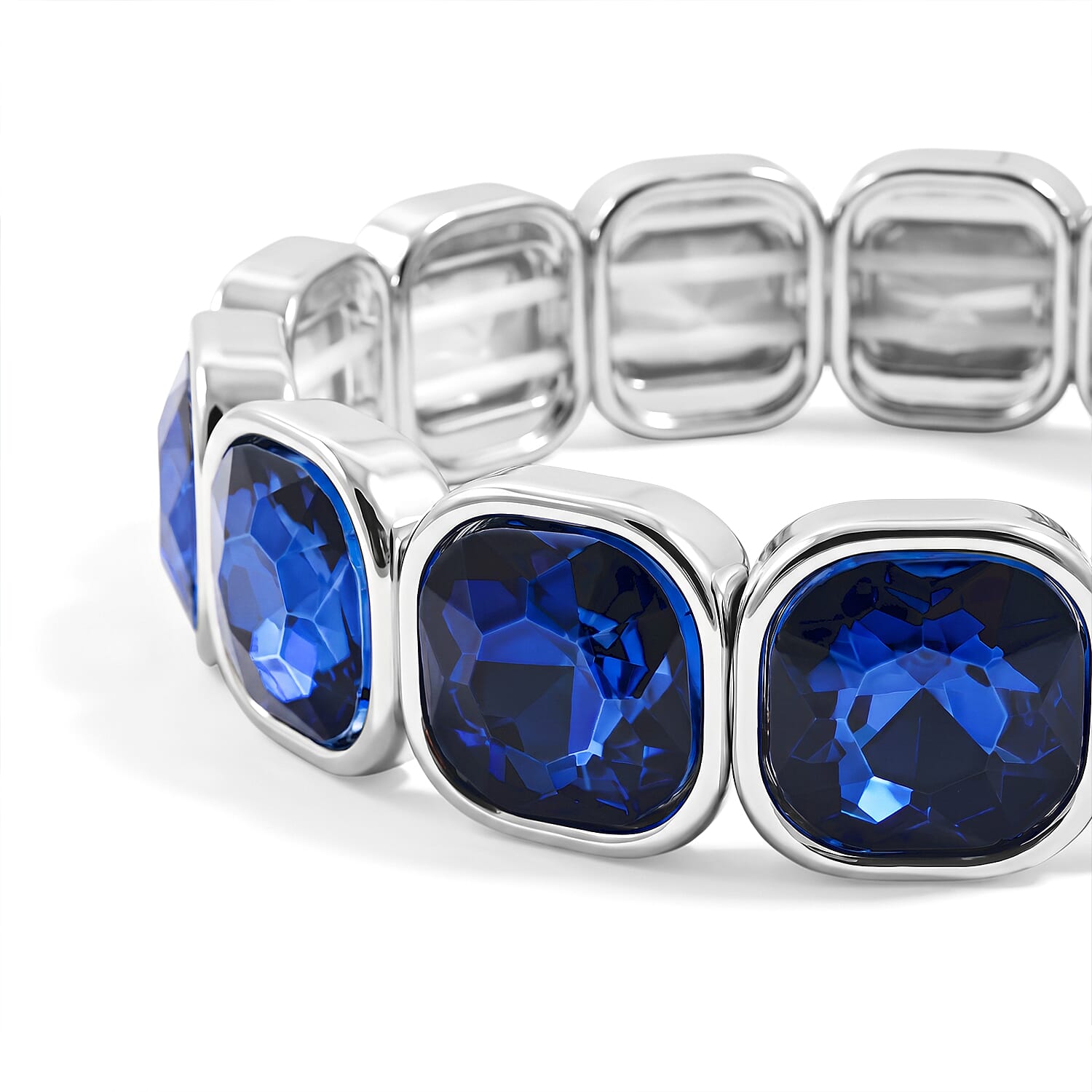 Blue Glass Stretch Bracelet in Silvertone (6.75-7.25In)