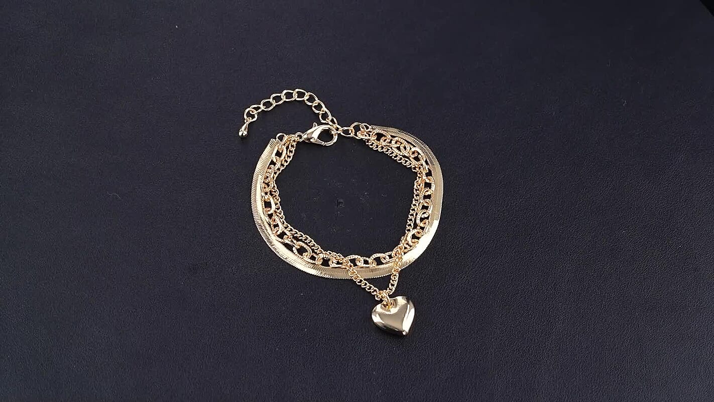 Three-Layer Bracelet with Heart Charm in Goldtone (7.50-9.50In)