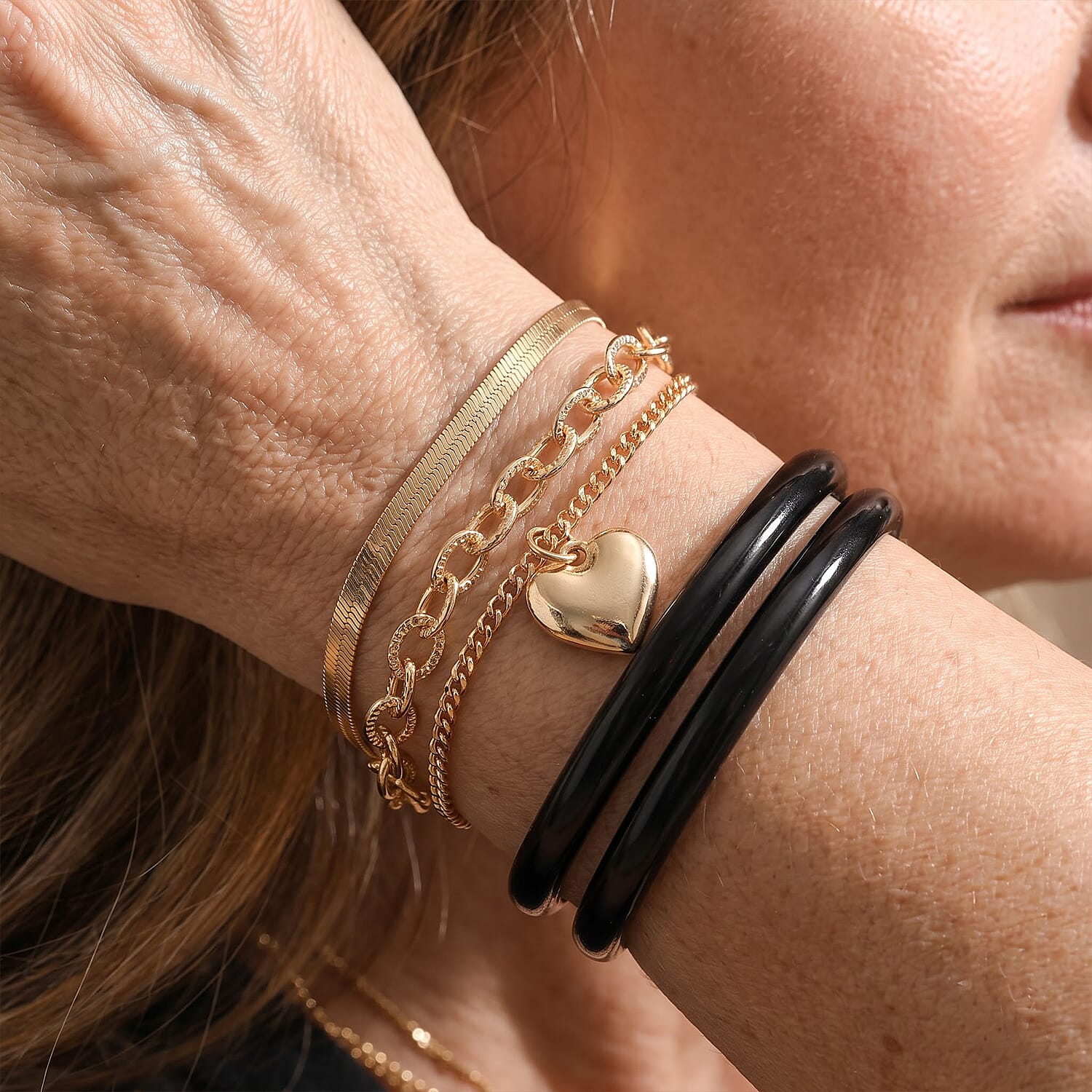 Three-Layer Bracelet with Heart Charm in Goldtone (7.50-9.50In)