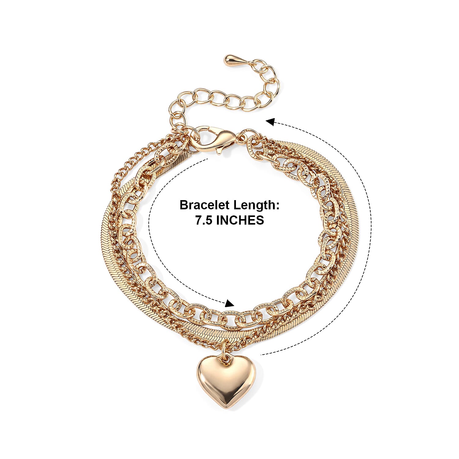 Three-Layer Bracelet with Heart Charm in Goldtone (7.50-9.50In)