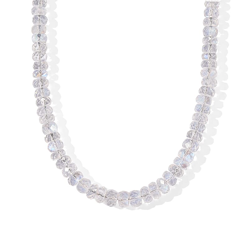 D'Joy AAA Rainbow Moonstone 83.00 ctw Beaded Necklace (18 Inches) in Rhodium Over Sterling Silver
