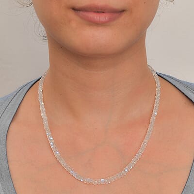 D'Joy AAA Rainbow Moonstone 83.00 ctw Beaded Necklace (18 Inches) in Rhodium Over Sterling Silver