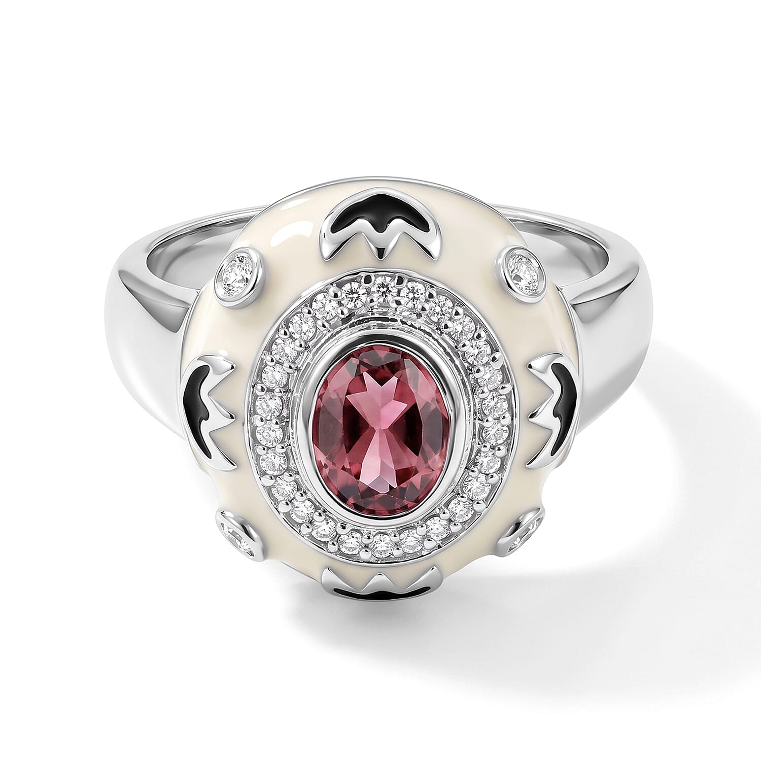 Morro Redondo Pink Tourmaline and Diamond 0.55 ctw White & Black Enamel Ring in Sterling Silver (Size 5.0)