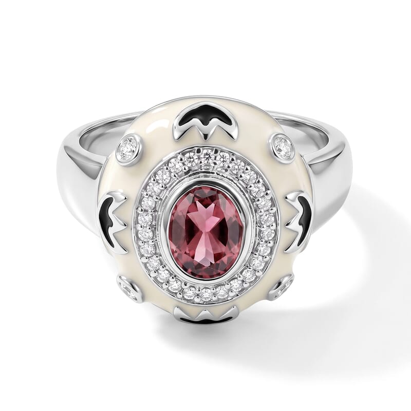 Morro Redondo Pink Tourmaline and Diamond 0.55 ctw White & Black Enamel Ring in Sterling Silver (Size 5.0)