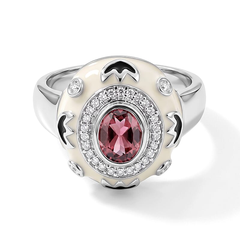 Morro Redondo Pink Tourmaline and Diamond 0.55 ctw White & Black Enamel Ring in Sterling Silver (Size 5.0)