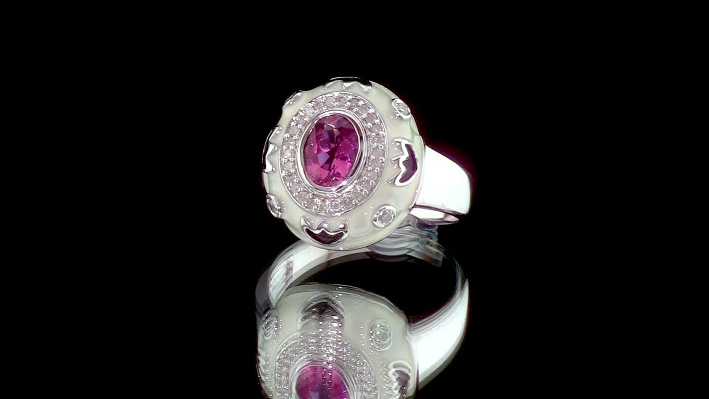 Morro Redondo Pink Tourmaline and Diamond 0.55 ctw White & Black Enamel Ring in Sterling Silver (Size 10.0)