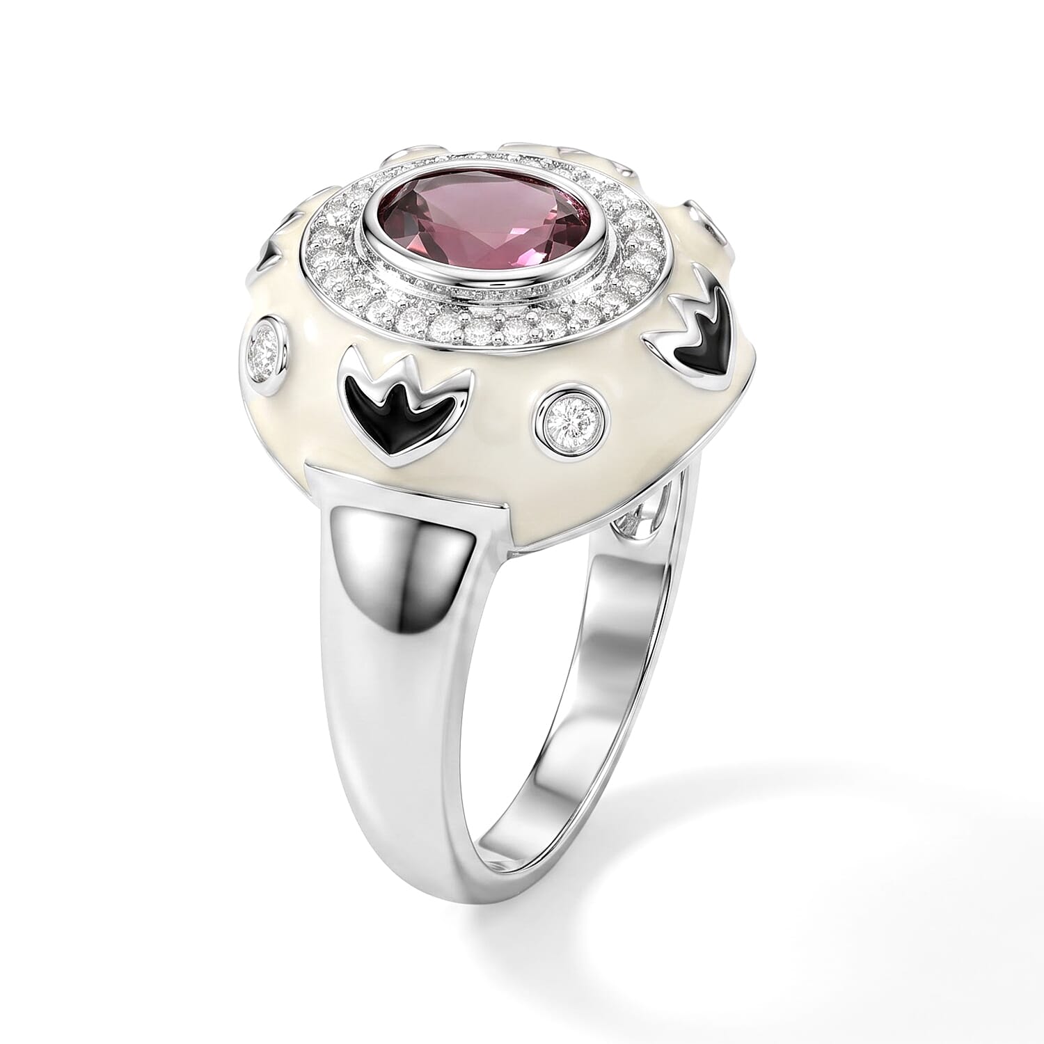 Morro Redondo Pink Tourmaline and Diamond 0.55 ctw White & Black Enamel Ring in Sterling Silver (Size 5.0)