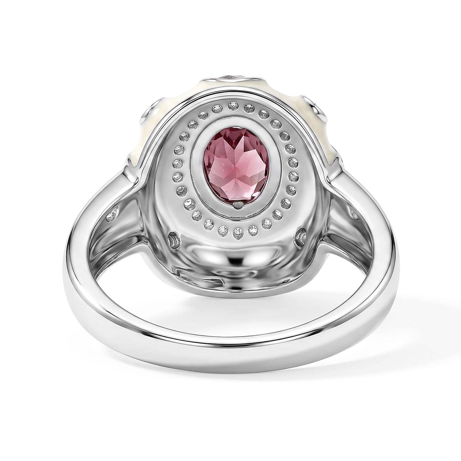 Morro Redondo Pink Tourmaline and Diamond 0.55 ctw White & Black Enamel Ring in Sterling Silver (Size 5.0)