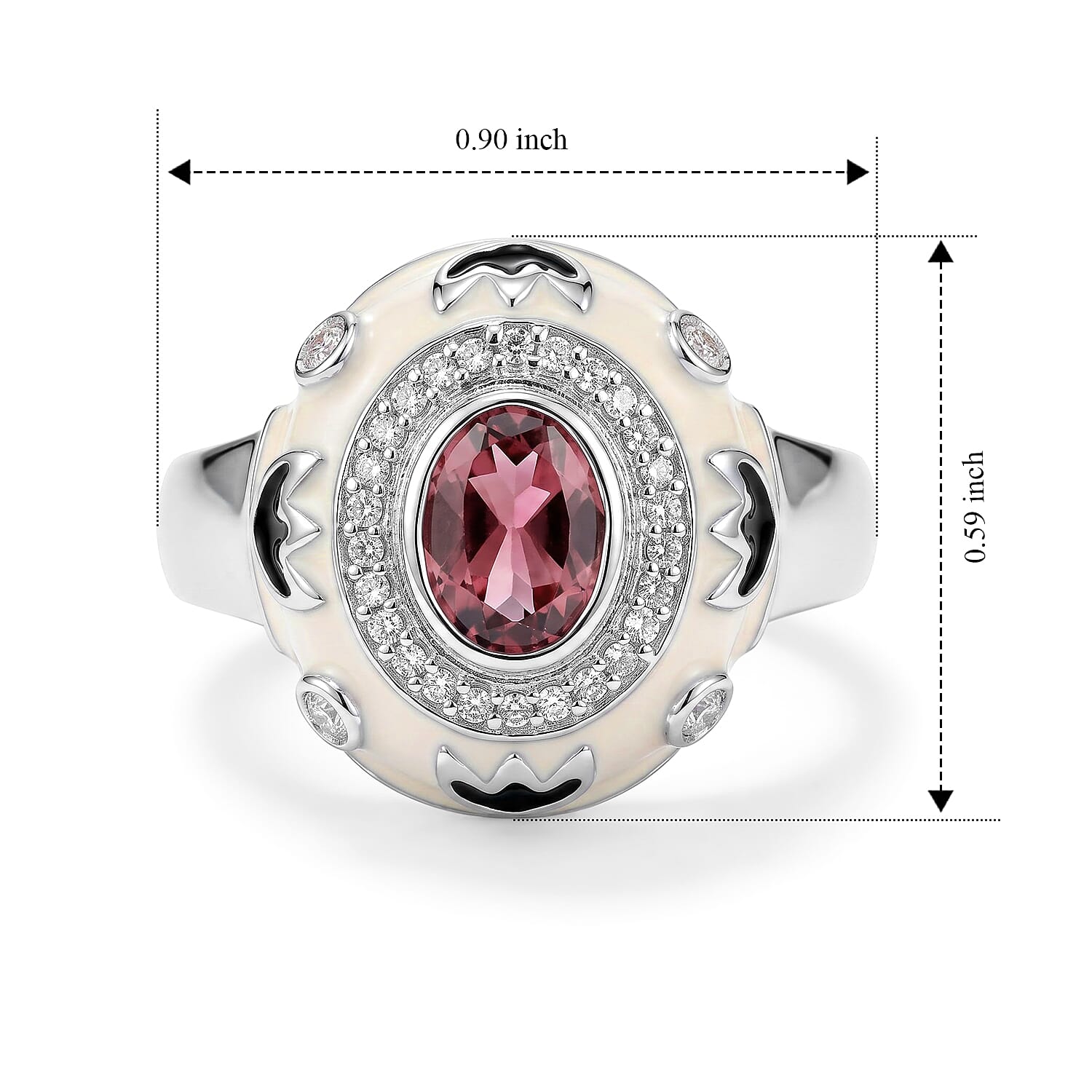 Morro Redondo Pink Tourmaline and Diamond 0.55 ctw White & Black Enamel Ring in Sterling Silver (Size 5.0)