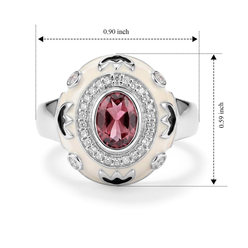 Morro Redondo Pink Tourmaline and Diamond 0.55 ctw White & Black Enamel Ring in Sterling Silver (Size 5.0)