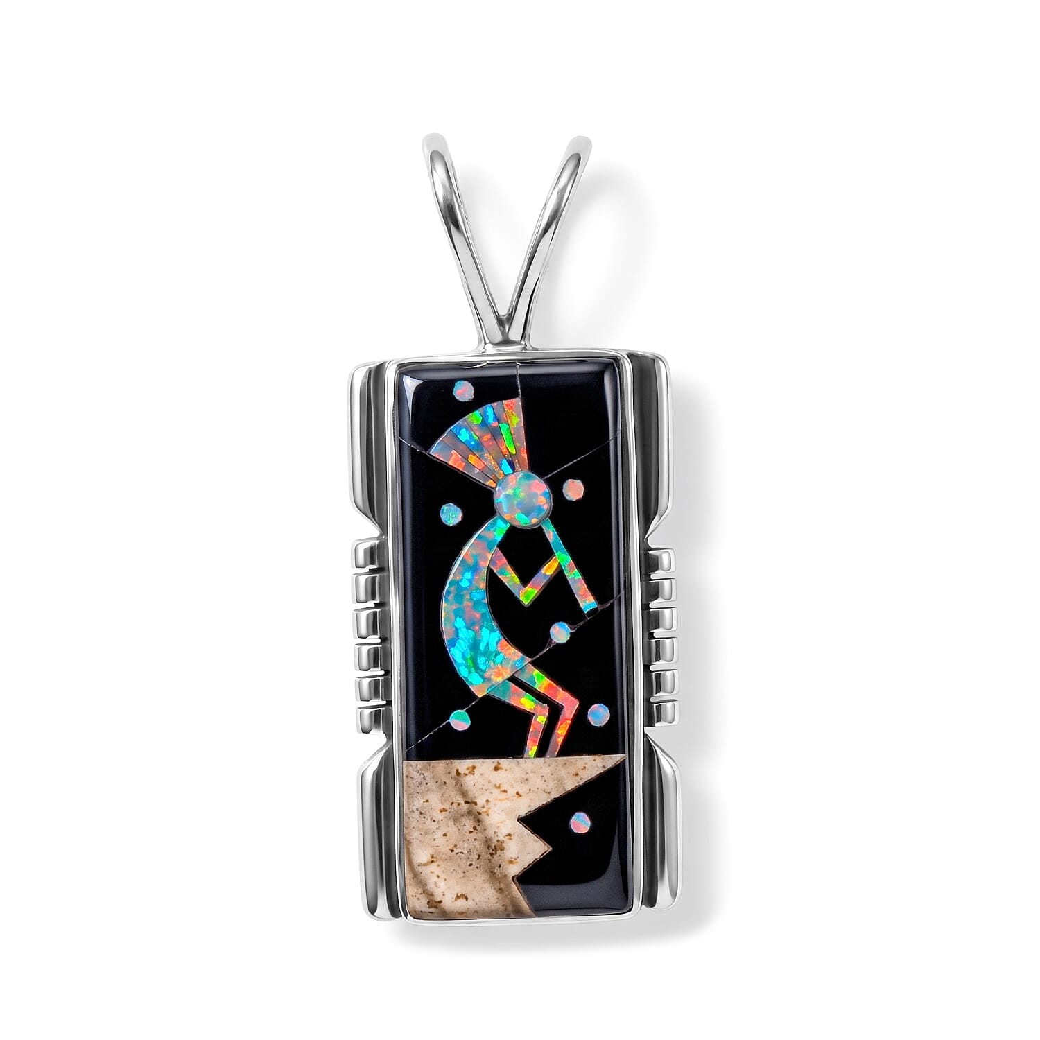Santa Fe Style Black Onyx and Multi Gemstone 1.20 ctw Kokopelli Pendant without Chain in Sterling Silver
