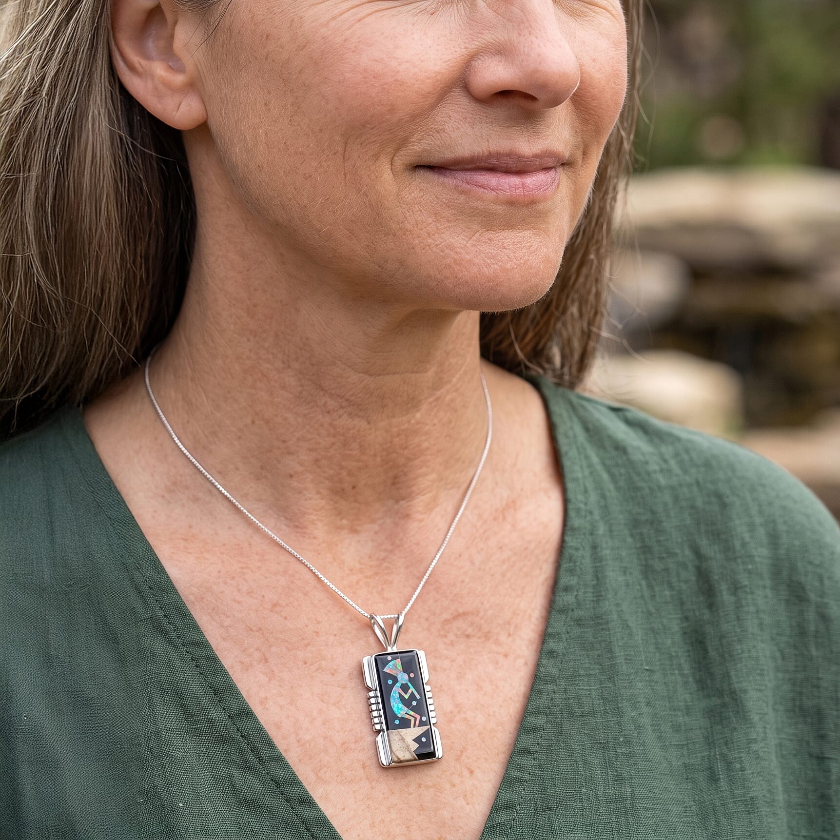 Santa Fe Style Black Onyx and Multi Gemstone 1.20 ctw Kokopelli Pendant without Chain in Sterling Silver