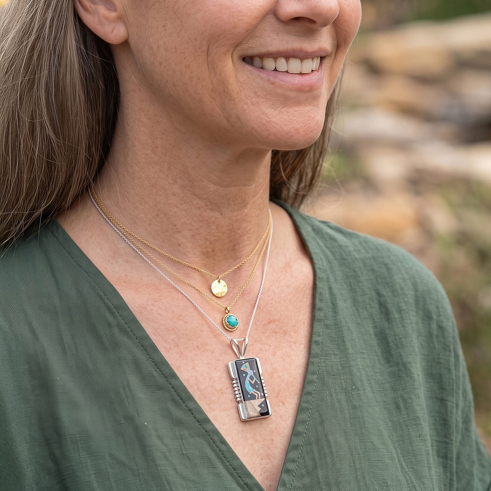 Santa Fe Style Black Onyx and Multi Gemstone 1.20 ctw Kokopelli Pendant without Chain in Sterling Silver