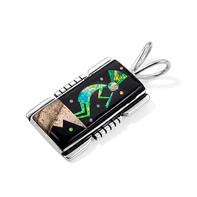 Santa Fe Style Black Onyx and Multi Gemstone 1.20 ctw Kokopelli Pendant without Chain in Sterling Silver