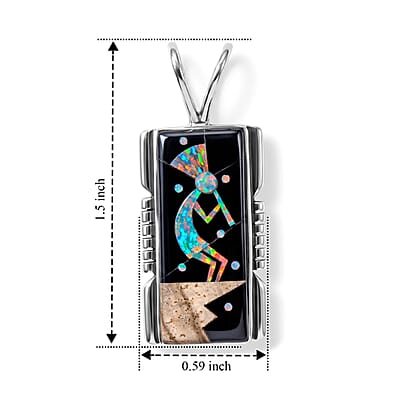 Santa Fe Style Black Onyx and Multi Gemstone 1.20 ctw Kokopelli Pendant without Chain in Sterling Silver