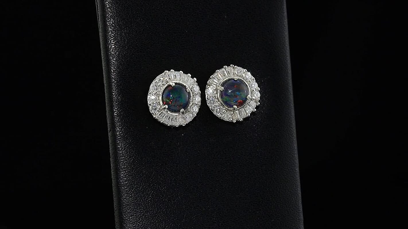 Certified and Appraised D''Joy Premium Australian Black Ridge Opal Triplet, Moissanite Earrings in Rhodium Over Sterling Silver 2.15 ctw