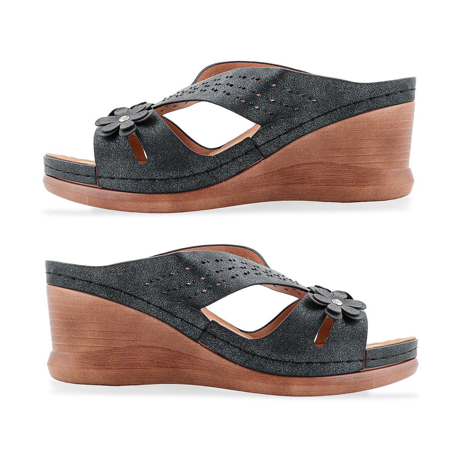 Cherokee Black Floral Applique Strap Wedge - 6