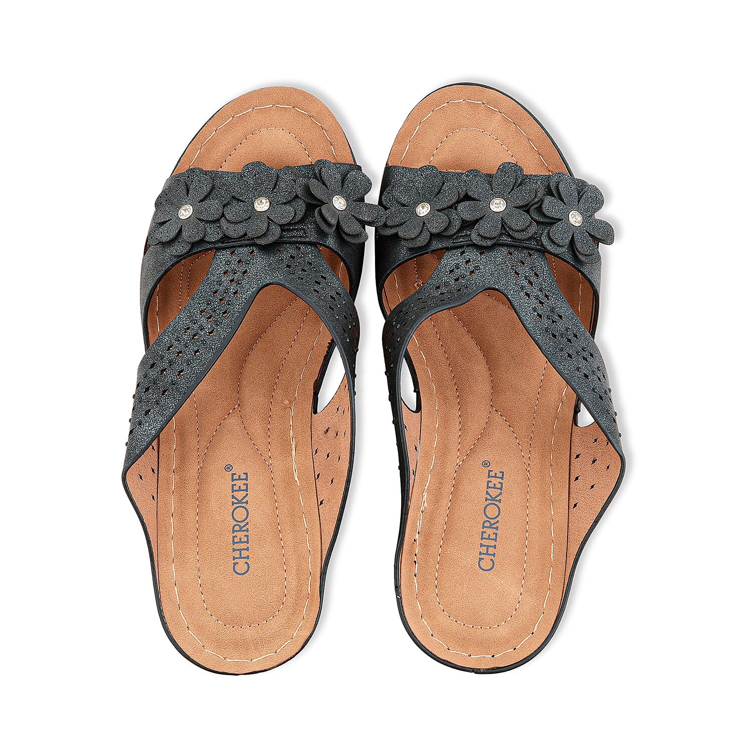 Cherokee Black Floral Applique Strap Wedge - 6