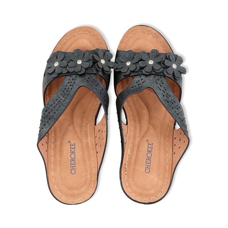 Cherokee Black Floral Applique Strap Wedge - 6