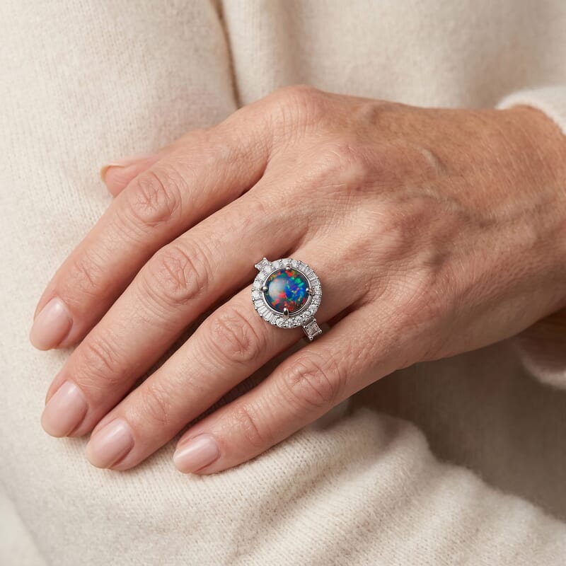 Certified and Appraised D'Joy Premium Australian Black Ridge Opal Triplet, Moissanite Ring in Rhodium Over Sterling Silver (Size 5.0) 2.90 ctw