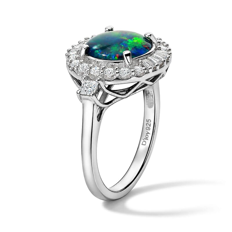 Certified and Appraised D'Joy Premium Australian Black Ridge Opal Triplet, Moissanite Ring in Rhodium Over Sterling Silver (Size 5.0) 2.90 ctw