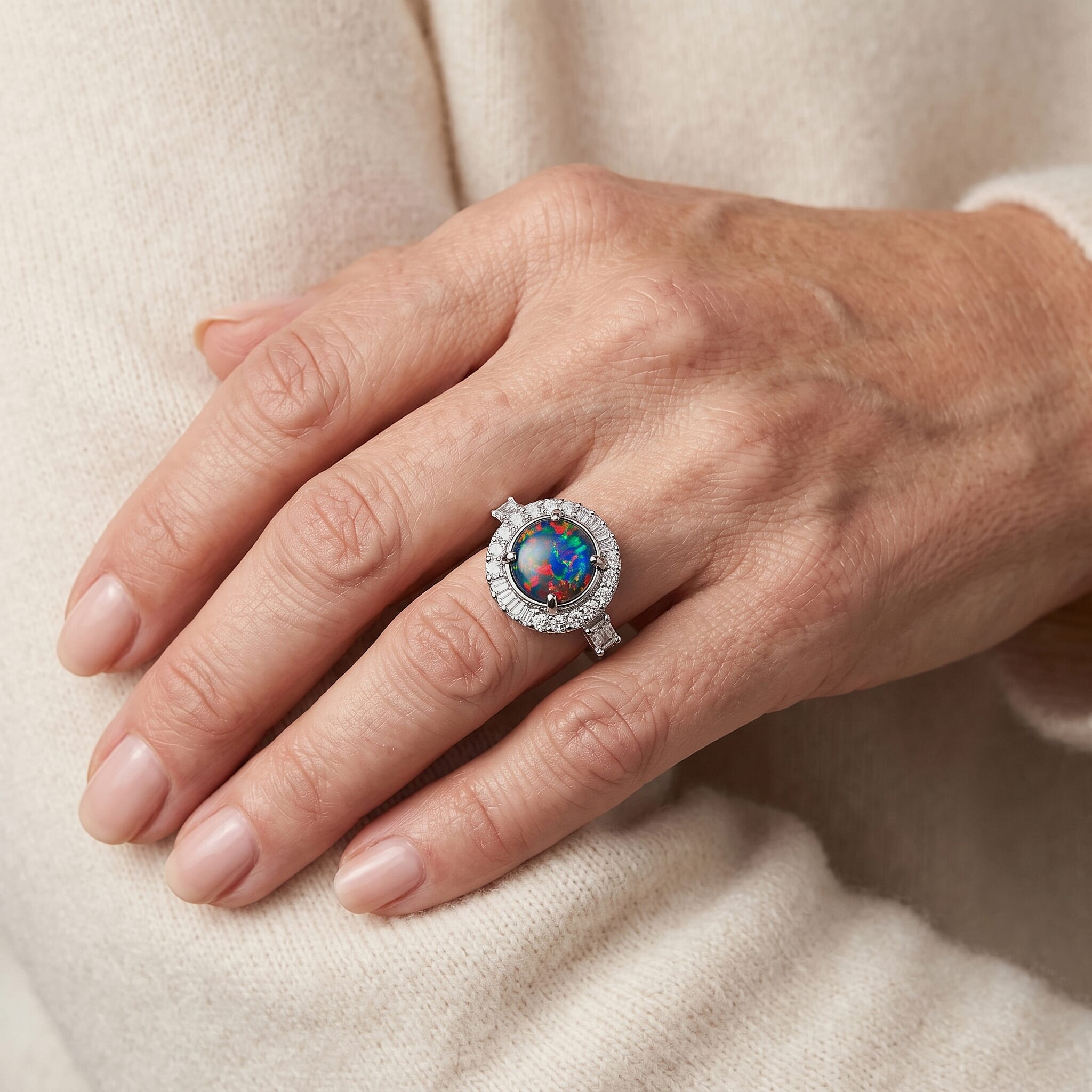 Certified and Appraised D'Joy Premium Australian Black Ridge Opal Triplet and Moissanite 2.90 ctw Ring in Rhodium Over Sterling Silver (Size 6.0)