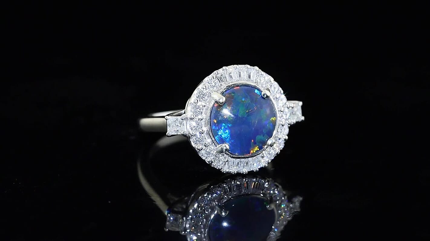 Certified and Appraised D''Joy Premium Australian Black Ridge Opal Triplet, Moissanite Ring in Rhodium Over Sterling Silver (Size 10.5) 2.90 ctw
