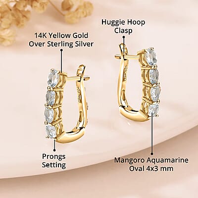 D'Joy Premium Mangoro Aquamarine 1.20 ctw Huggie Hoop Earrings in 14K Yellow Gold Over Sterling Silver