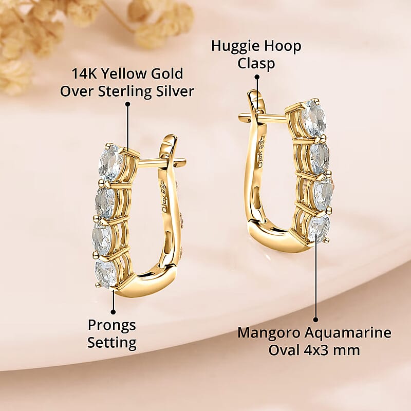 D'Joy Premium Mangoro Aquamarine 1.20 ctw Huggie Hoop Earrings in 14K Yellow Gold Over Sterling Silver