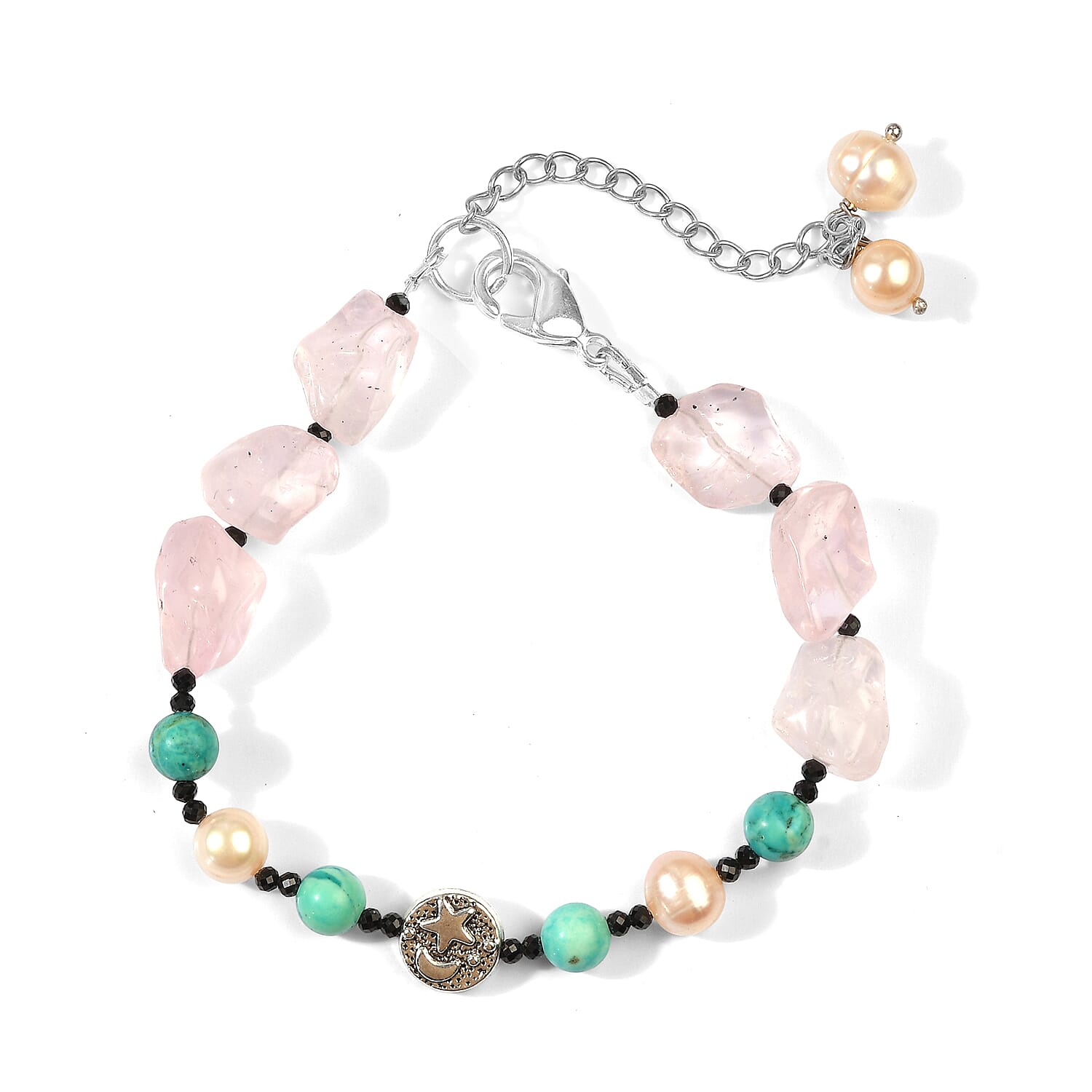 Freshwater Pearl and Multi Gemstone 60.25 ctw Bracelet in Silvertone and Stainless Steel (7.25 In)