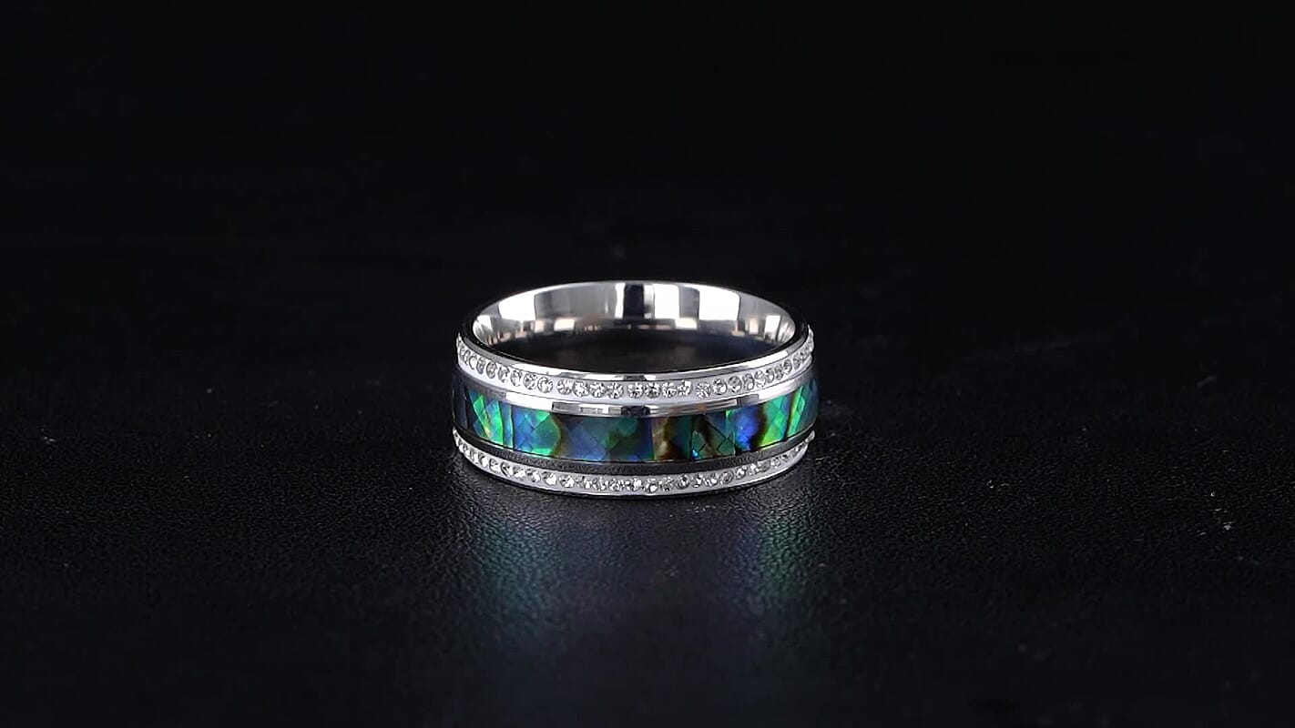 Abalone Shell and Austrian Crystal Ring in Stainless Steel (Size 10.0)