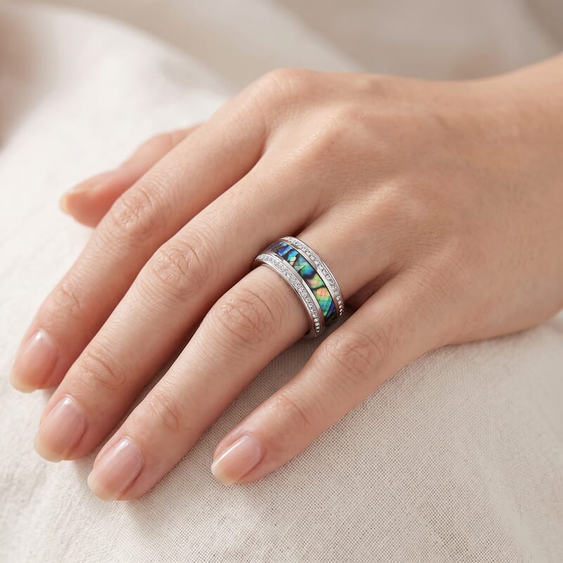 Abalone Shell and Austrian Crystal Ring in Stainless Steel (Size 10.0)