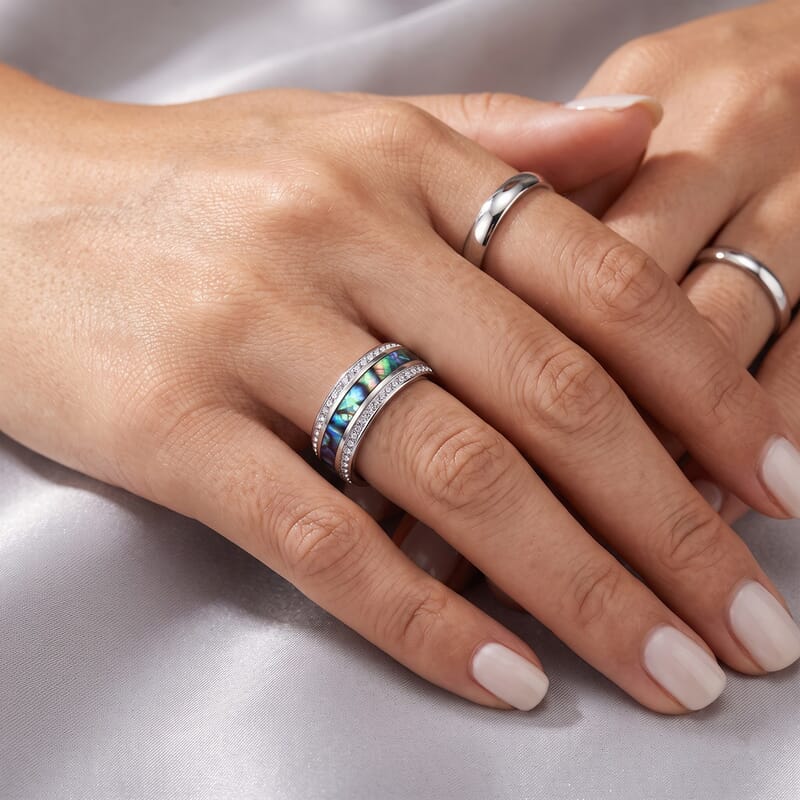 Abalone Shell and Austrian Crystal Ring in Stainless Steel (Size 10.0)