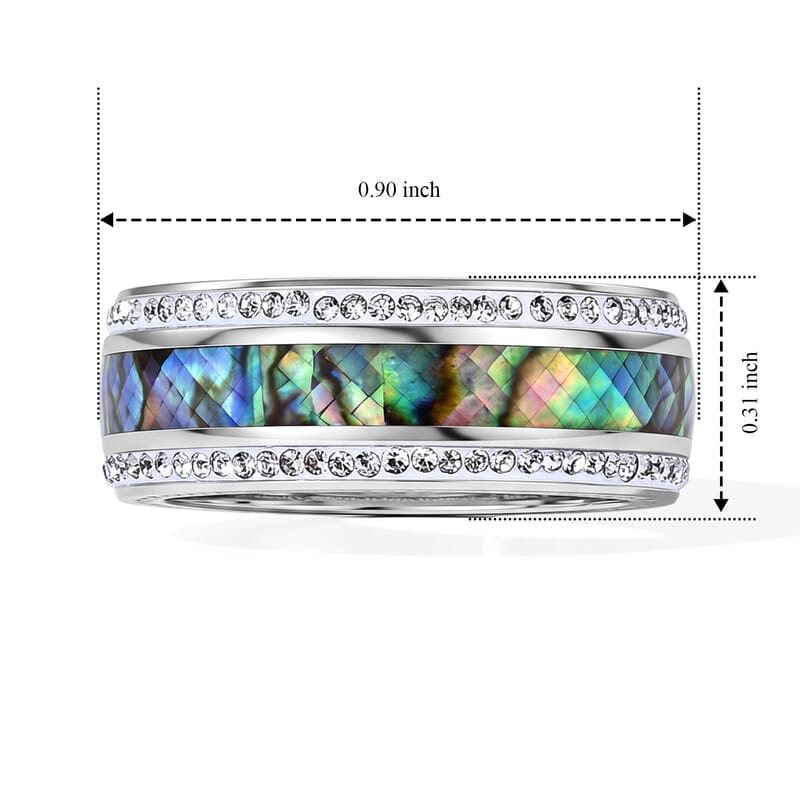 Abalone Shell and Austrian Crystal Ring in Stainless Steel (Size 10.0)