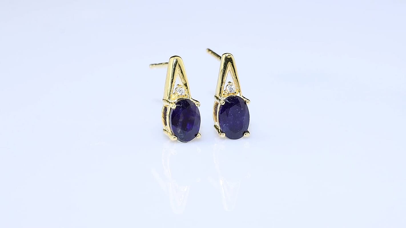 EverTrue Masoala Sapphire (D), White Zircon Solitaire Stud Earrings in 18K YG Plated 2.70 ctw